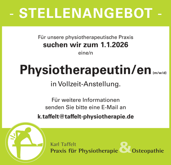 Für unsere physiotherapeutische Praxis suchen wir zum 1.1.2026 eine/n Physiotherapeutin/en in Vollzeit-Anstellung